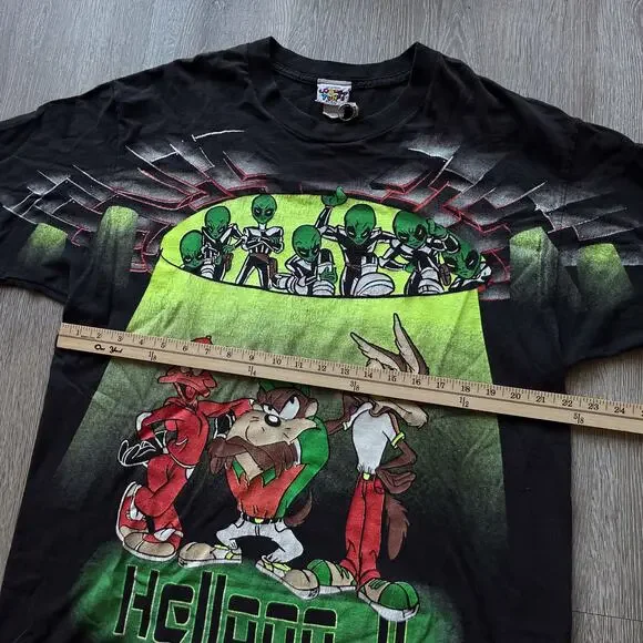 Vintage 90s Looney Tunes UFO Alien All Over Print Double Sided T Shirt Mens L